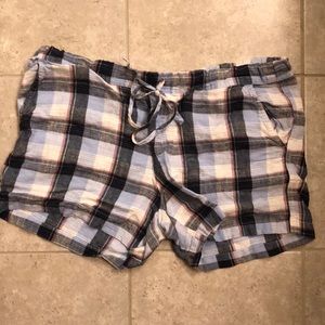 Black, blue, white, pink plaid linen shorts